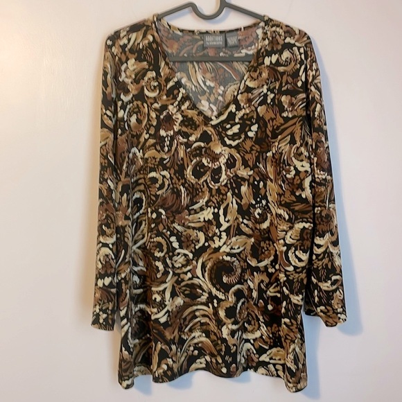 Additions by Chico’s Brown Black Abstract Floral Slinky Stretch Blouse size 3 - Picture 1 of 15